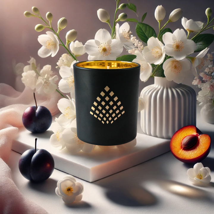 A black and gold Couture Home & Body candle set against a soft and serene scene with jasmine flowers, plums, and nectarine fruits evoking an inviting ambiance of the Queen's Aria candle. A black and gold Couture Home & Body candle set against a soft and serene scene with jasmine flowers, plums, and nectarine fruits evoking an inviting ambiance of the Queen's Aria candle.