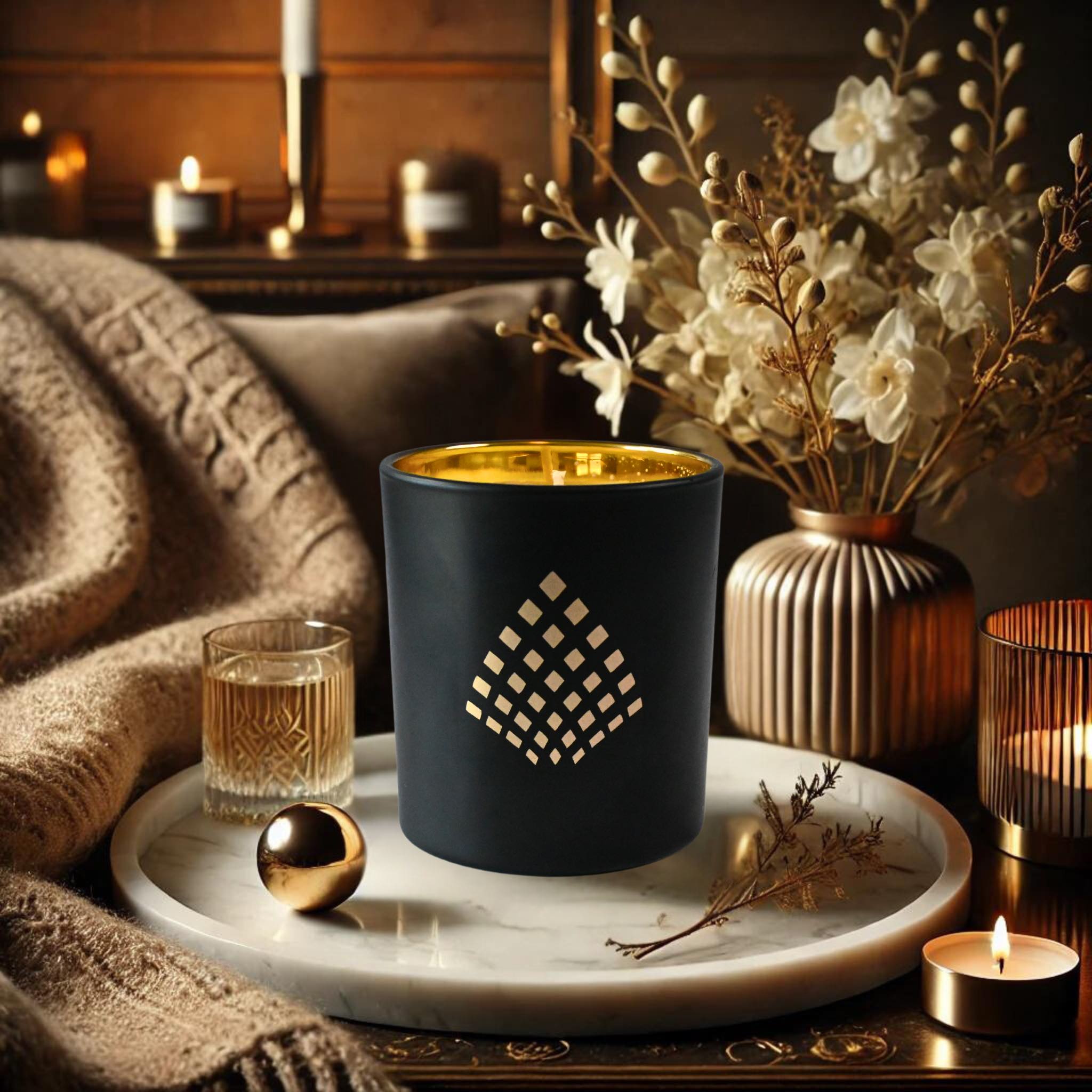 A black and gold Couture Home & Body candle placed on a marble tray in a cozy, sophisticated setting with soft throws, a drink glass, and elegant floral decor embodying the Signature Scent candle. A black and gold Couture Home & Body candle placed on a marble tray in a cozy, sophisticated setting with soft throws, a drink glass, and elegant floral decor embodying the Signature Scent candle.
