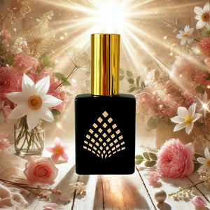 Perfume bottle with gold cap and black square design surrounded by flowers and soft lighting Perfume bottle with gold cap and black square design surrounded by flowers and soft lighting