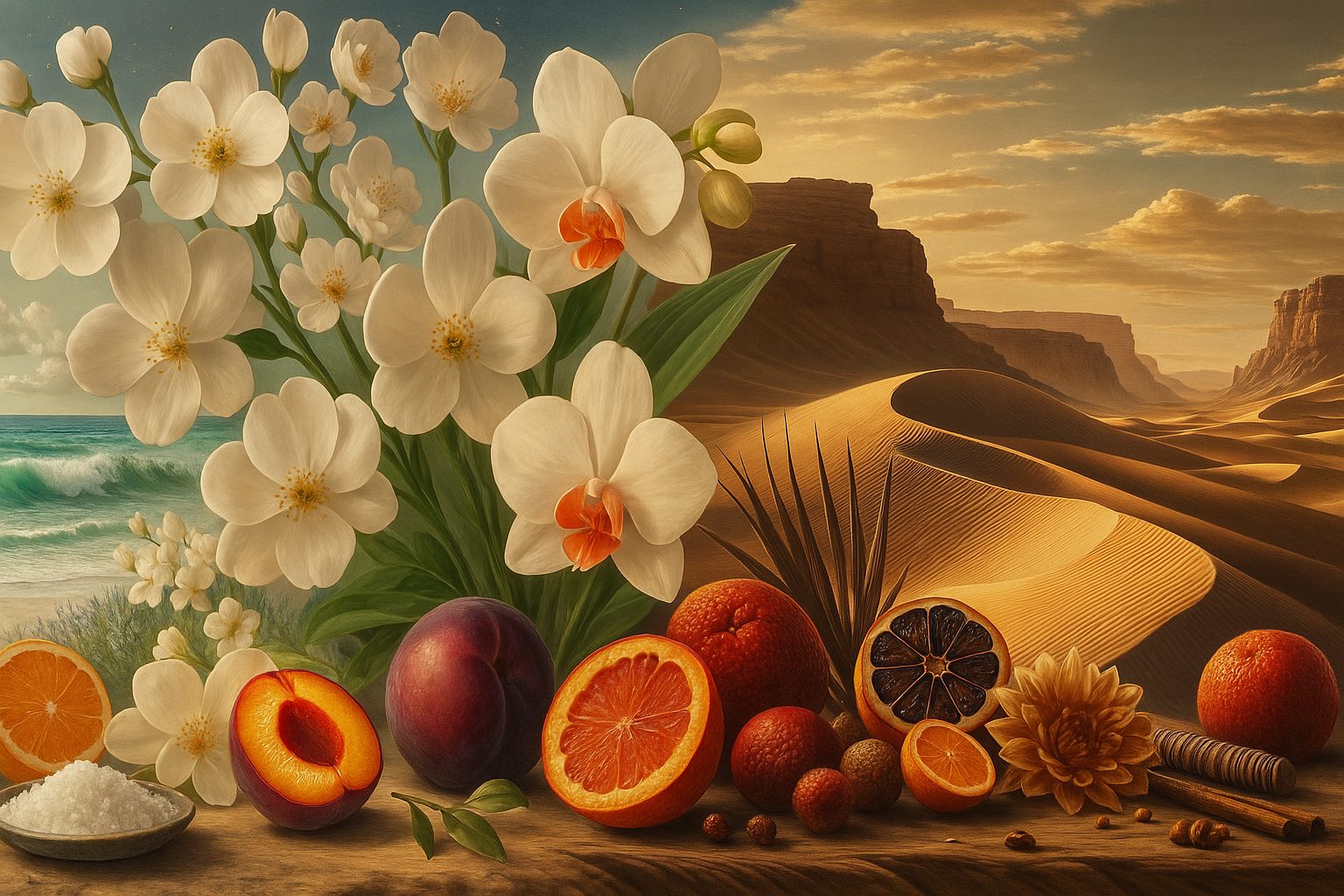 A black and gold Couture Home & Body candle set against a soft and serene scene with jasmine flowers, plums, and nectarine fruits evoking an inviting ambiance of the Queen's Aria candle.