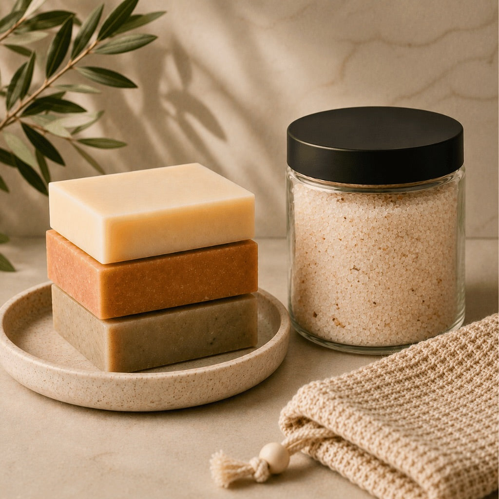 Stacked goat milk soap bars with a glass jar of mineral bath salts and a natural soap saver pouch on a neutral stone surface.
