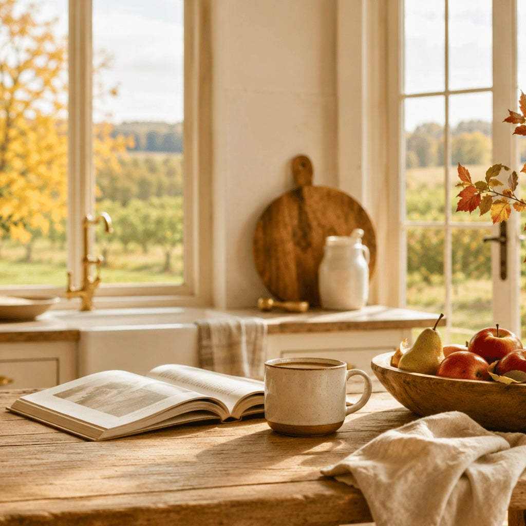 Sunlit farmhouse kitchen overlooking an autumn orchard with a warm mug of coffee, fresh apples and pears, an open book, and soft golden morning light.