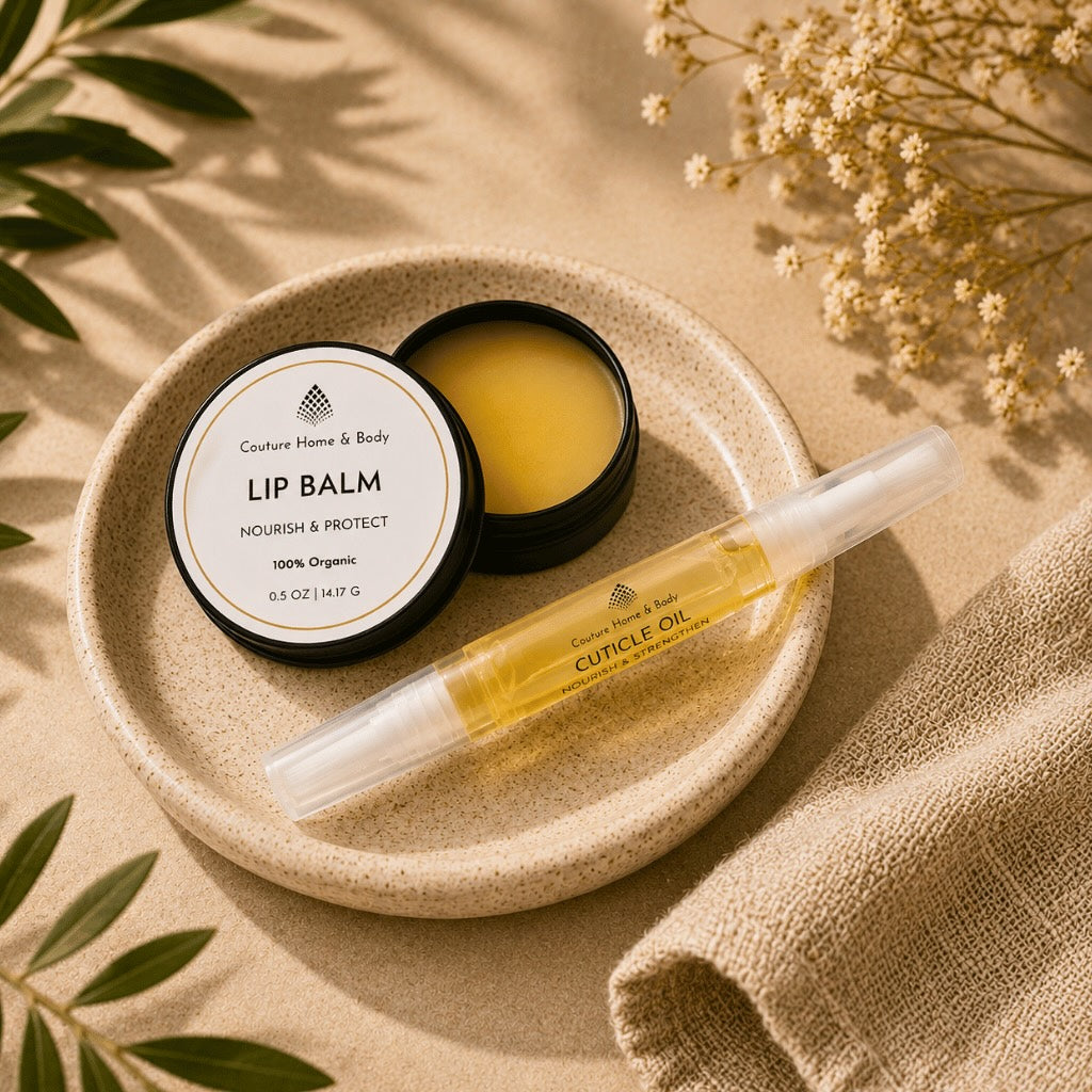 Cuticle oil pen and lip balm tin styled on a neutral stone tray with soft botanical accents.