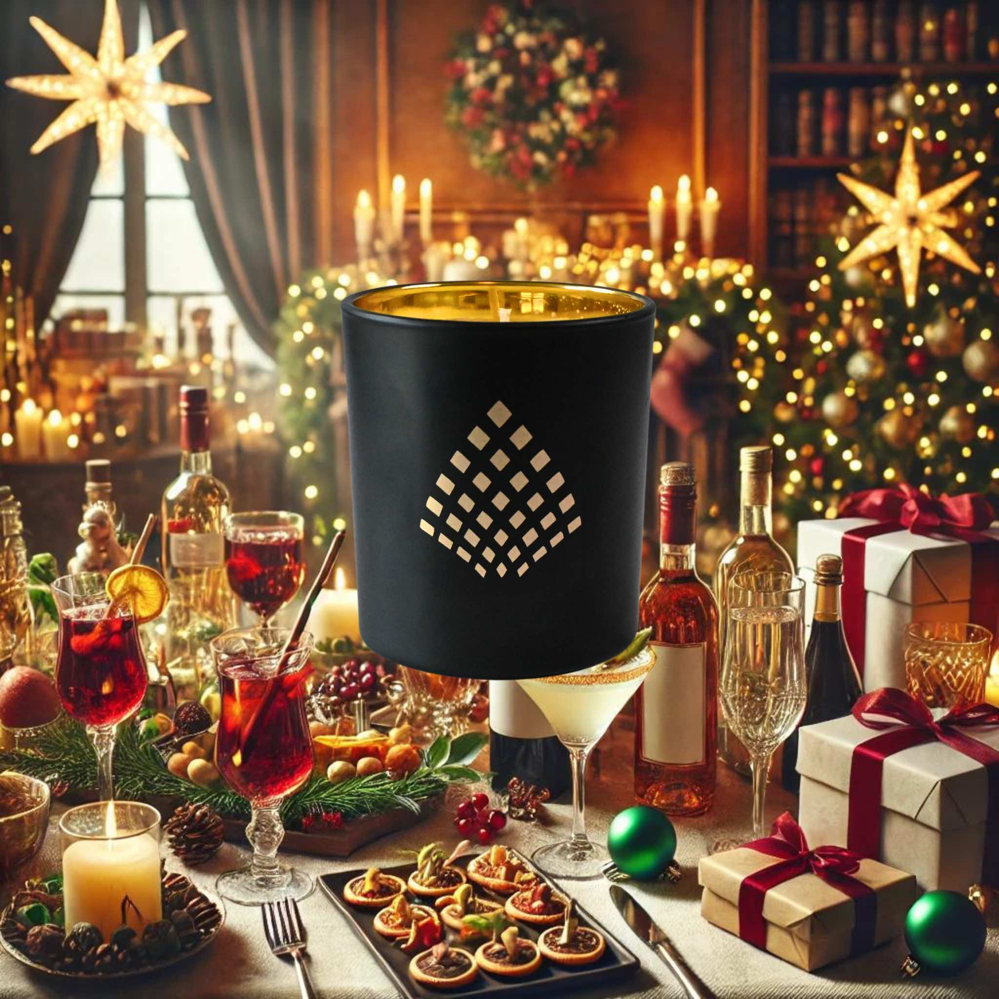 A black and gold Couture Home & Body candle set against a festive holiday scene with bottles of wine and cocktails surrounded by ornaments, wrapped presents, and treats, evoking the warm, inviting ambiance of the Soirée candle.