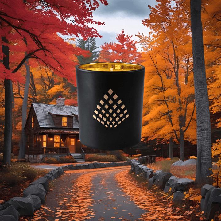 Black candle with gold interior in front of a cozy cabin in the woods during autumn.