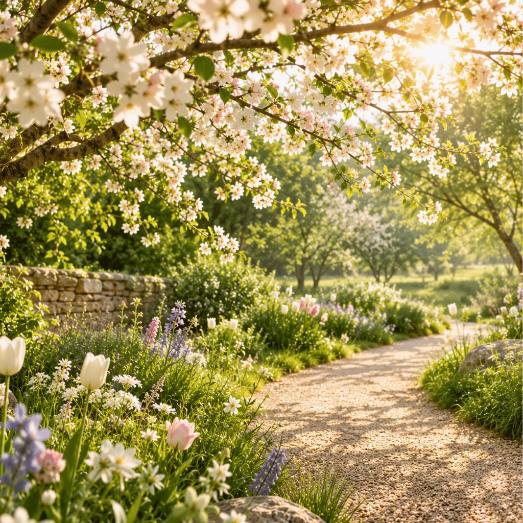 Sunlit spring garden path beneath flowering trees with blooming wildflowers, fresh greenery, and warm morning light.