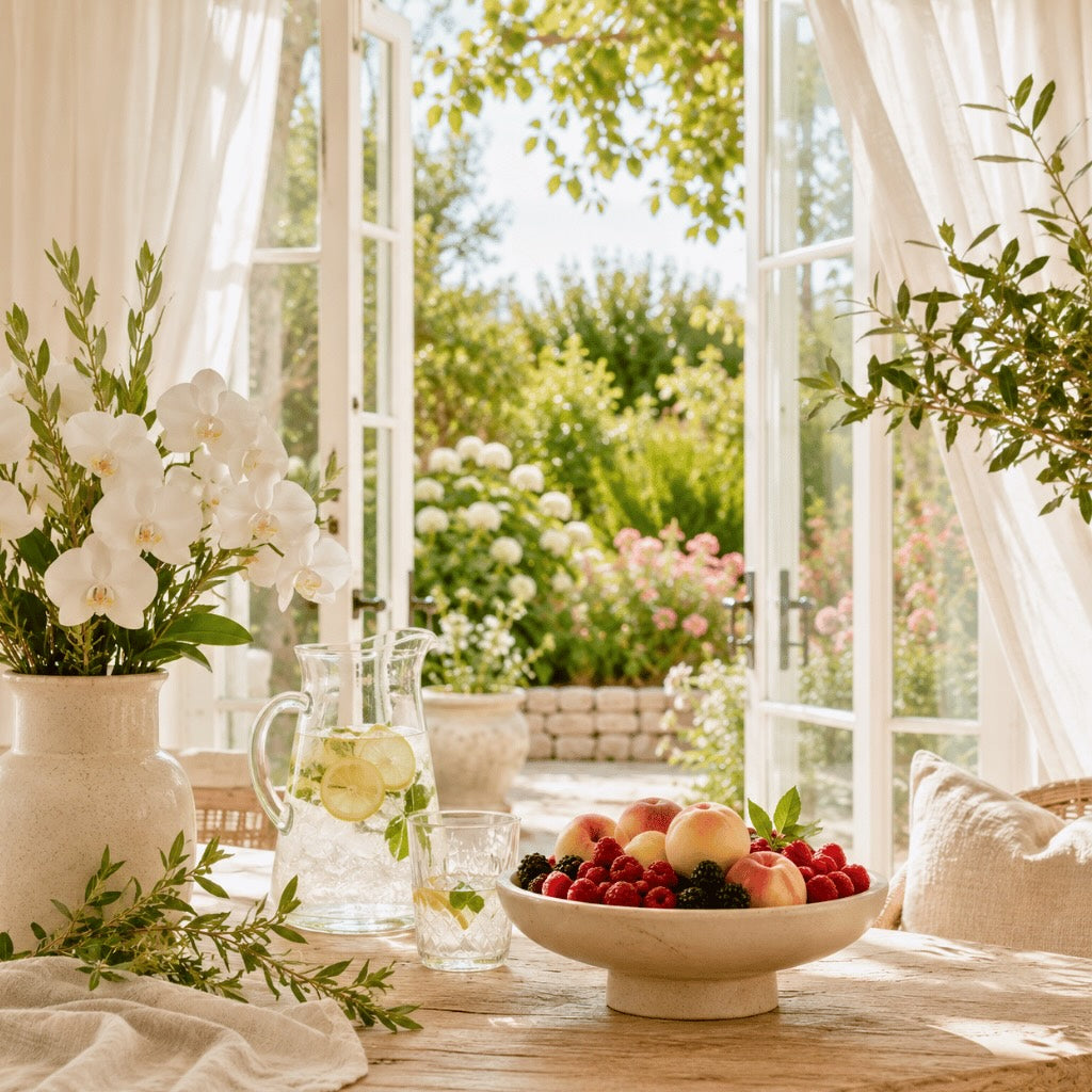 Sunlit room overlooking a lush summer garden with white orchids, fresh fruit, citrus water, and open French doors.