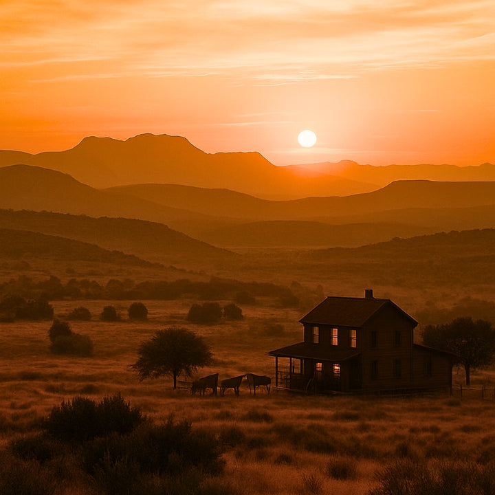 Sunset over a lone prairie house with glowing windows and two horses grazing in the golden grass beneath distant mountains.