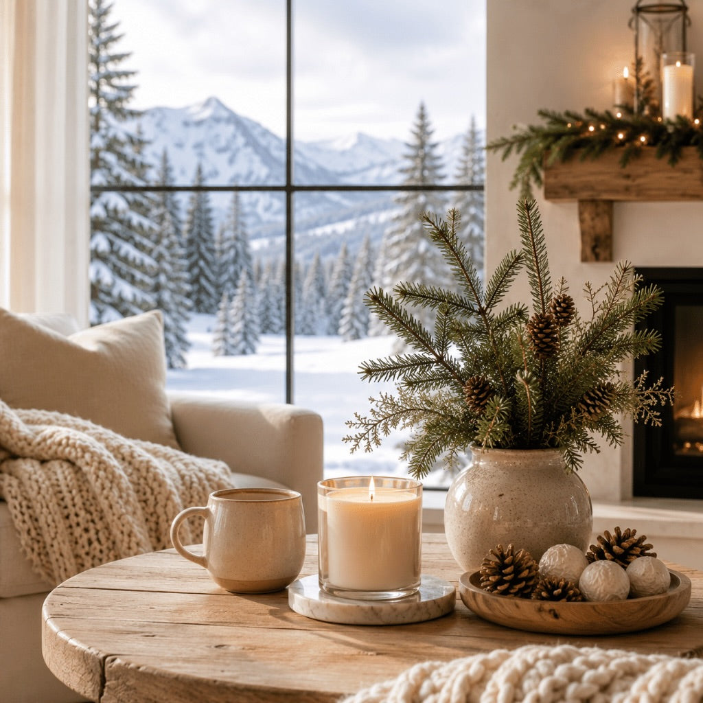 Bright winter living room with a warm mug of coffee, evergreen branches, a lit candle, and snow-covered mountains beyond large windows.