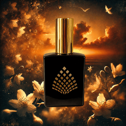 A perfume set against a dreamy, warm-toned background with glowing clouds.
