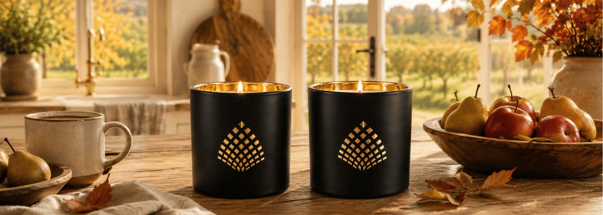 Two black metal candle holders with gold interior linings and a geometric cutout design on the front, styled on a wooden table in a warm autumn kitchen setting with pears, a mug, and a window view in the background.
