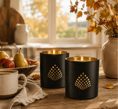 Two matte black candle holders with gold geometric cutout patterns and lit candles inside, styled on a rustic wooden table in a warm autumn kitchen setting with a mug, fruit, and a vase of leaves.