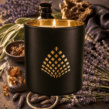 Black Amber & Lavender candle in a black jar with gold interior.