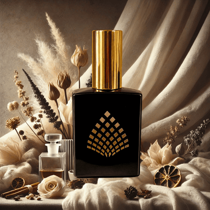 Perfume bottle with gold cap and black base featuring a geometric design, surrounded by flowers and herbs.