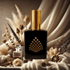 Perfume bottle with gold cap and black base featuring a geometric design, surrounded by flowers and herbs.