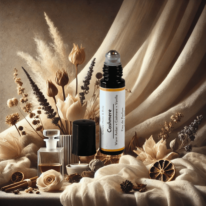 Rollerball perfume with gold cap and black base featuring a geometric design, surrounded by flowers and herbs.