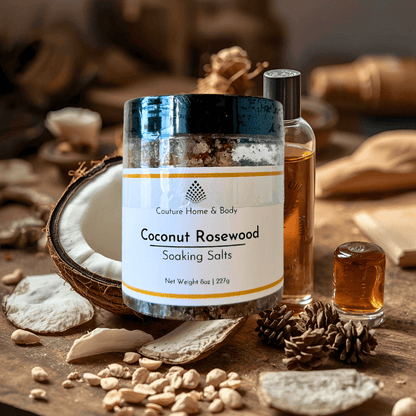 Coconut Rosewood Soaking Salts packaging with natural elements on a wooden surface.