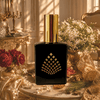 Saffron, jasmine, amber resin, cedar wood, and musk in a sunlit luxury interior setting.