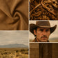 Collage of brown leather texture, dried leaves, a desert landscape, and a person wearing a cowboy hat and leather jacket.