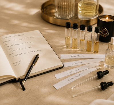 A styled tabletop scene with several small glass vials containing pale yellow liquid, a notebook with handwritten notes, a black pen, several glass dropper bottles, and a lit candle in a black holder on a beige surface.