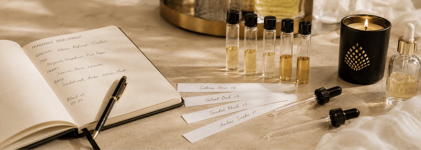 A styled tabletop arrangement featuring several small glass vials filled with pale yellow liquid, a black candle holder with a gold geometric pattern and a lit candle, an open notebook with handwritten notes and a pen, dropper bottles, and a clear perfume bottle on a beige fabric surface.