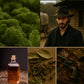 Collage of a bottle, leaves, a bottle cap, a man in a hat, and a gun.