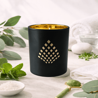 Black candle with gold interior on a white surface with spa elements.