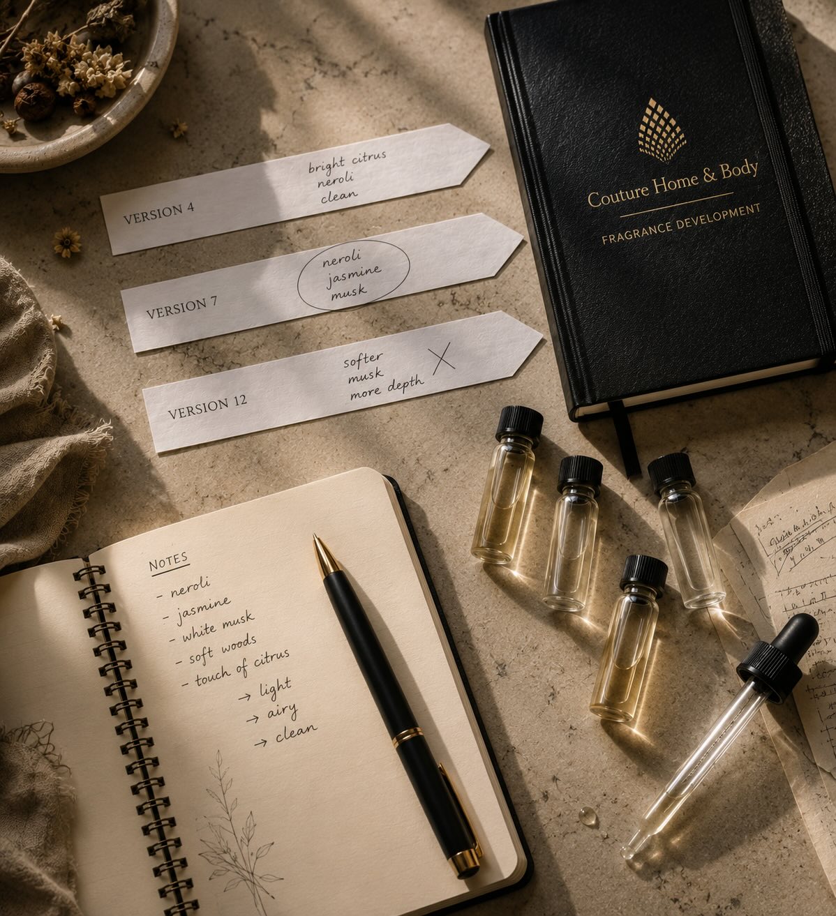 A styled flat-lay of fragrance development materials on a stone surface, including several clear glass vials with amber liquid, a black notebook with gold text reading 'Couture Home & Body Fragrance Development,' white arrow-shaped paper cards labeled version numbers, a black pen in an open notebook, and dried botanicals.