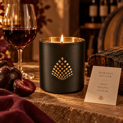 A black matte jar candle with a gold geometric logo sits lit on a rustic wooden surface next to a glass of red wine, plums, and a printed product card reading Harvest Cellar.