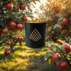 Black candle with gold interior in an apple orchard