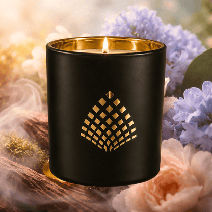 Black candle holder with gold interior, surrounded by flowers and wood.