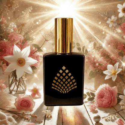 A rollerball perfume set against a bright background with soft flowers and glowing light.