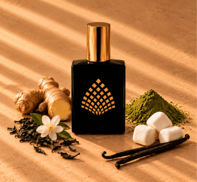 A black rectangular perfume bottle with a gold cap and a geometric gold logo on the front, styled with ginger root, green powder, vanilla beans, sugar cubes, and a white flower on a warm beige surface with diagonal shadows.