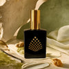 A perfume bottle on a textured beige surface with cream drapery, green powder, and small natural props.