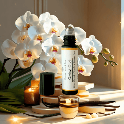 Orchid Oud perfume bottle with vanilla beans and white orchids on a wooden surface.