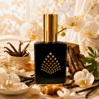 White orchids, vanilla beans, caramel, and oud wood arranged in a bright sunlit luxury still life.