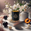 Premium home fragrance–Queen's Aria candle infused with jasmine, plum, and nectarine in a matte black jar with gold interior.