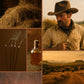 Collage of a cowboy, sunset landscape, and rustic elements in warm tones.