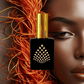 Perfume bottle with decorative design next to a close-up of a woman's eye.