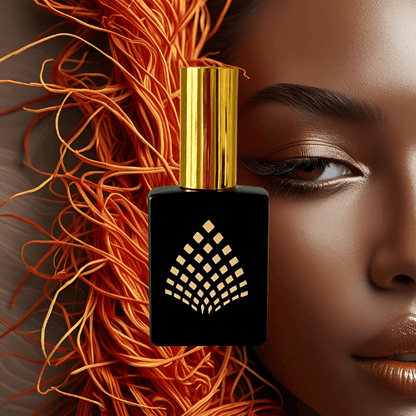 Perfume bottle with decorative design next to a close-up of a woman's eye.