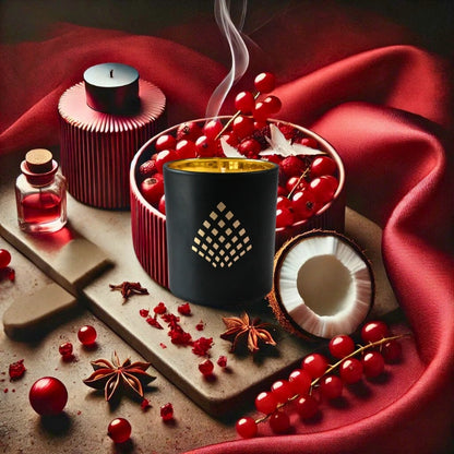 Luxury home fragrance–Scarlet Noir candle infused with red currant, coconut, and musk in a black jar with gold interior.