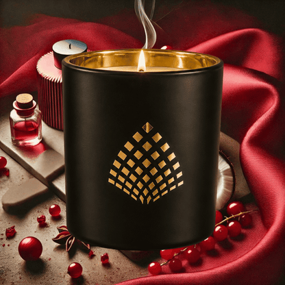 Luxury home fragrance–Scarlet Noir candle infused with red currant, coconut, and musk in a black jar with gold interior.