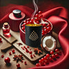Luxury home fragrance–Scarlet Noir candle infused with red currant, coconut, and musk in a black jar with gold interior.