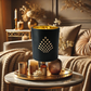 Premium home fragrance-Signature Scent candle infused with ambergris, jasmine, and saffron in a black jar with gold interior.