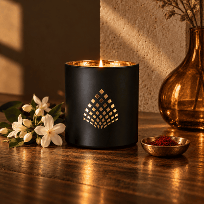 A black matte candle holder with a gold geometric diamond pattern, lit with a warm flame, set on a wooden table next to white flowers and a small brass dish.