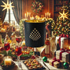 Premium home fragrance-Soirée candle infused with candied fruits, chestnuts, and spices in a black jar with gold interior.