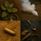 Collage of four images featuring nature, smoke, a bullet casing, and spices.