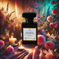 A perfume bottle labeled "Sweet Romance" by Couture Home & Body is set against a vibrant, romantic background with lush florals, candles, and soft lighting, evoking an atmosphere of intimacy and allure.