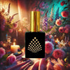 Perfume bottle with geometric design surrounded by flowers and candles
