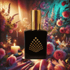Perfume bottle with geometric design surrounded by flowers and candles.